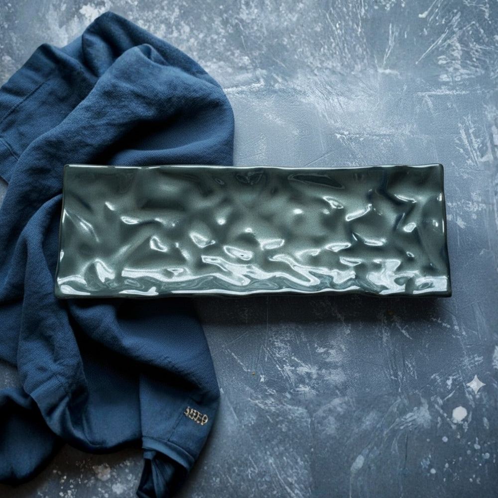 crinkle black wavy ceramic rectangular 36cm platter set of 2 with textured finish for serving snacks and appetizers